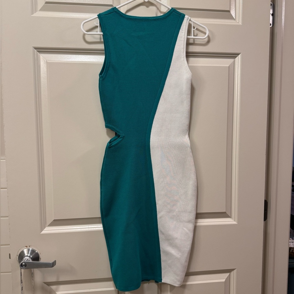 WOW Couture Teal and White Asymmetrical Bodycon Dress - Picture 2 of 6